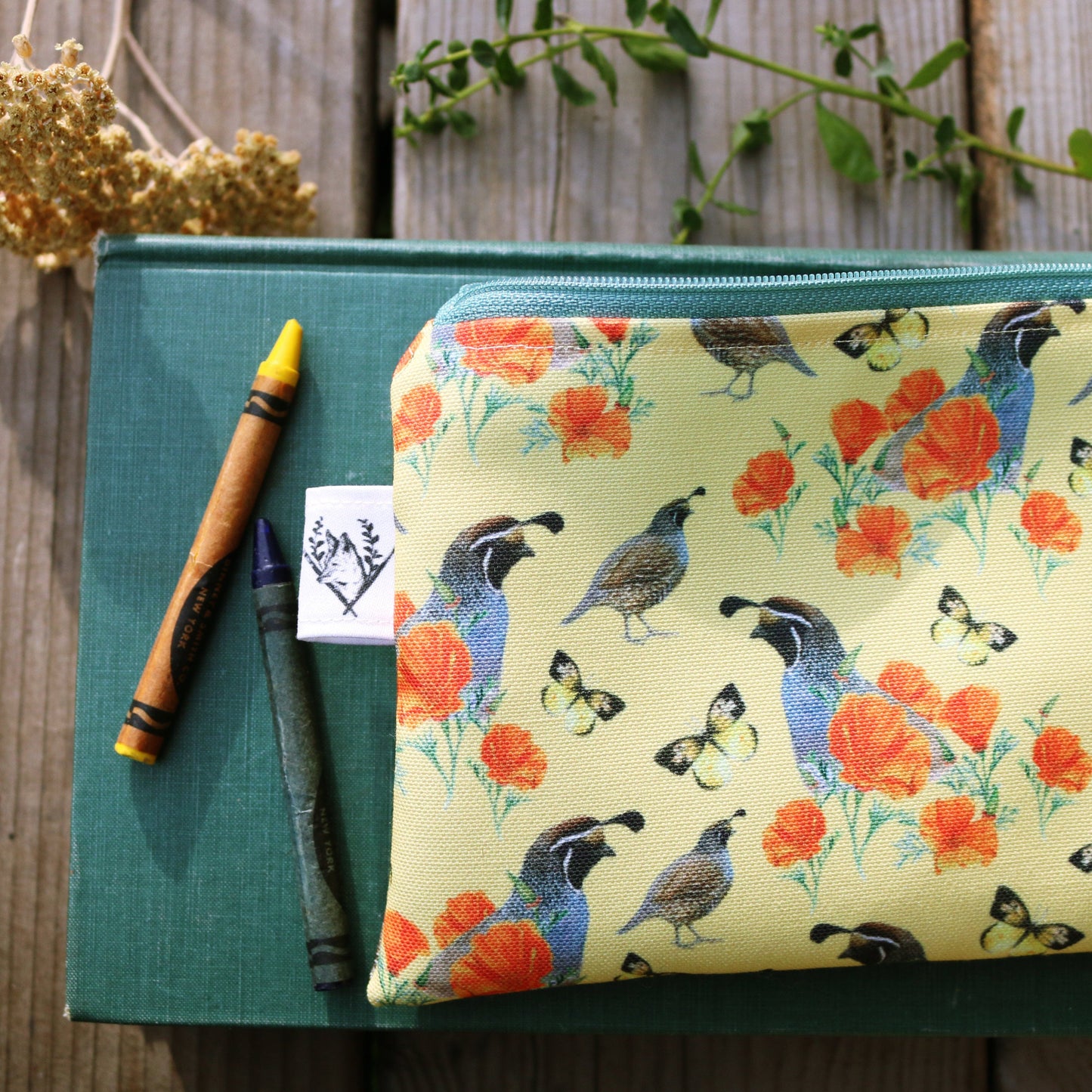 Medium California Poppy & Quail - Travel Organizer Bag, Flat Purse