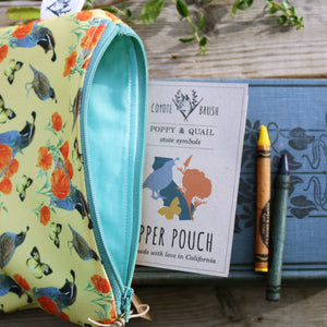 California Poppy, Quail, Zipper Pouch Watercolor Botanical Illustration, Travel Organizer Bag, Flat Purse, Pencil Case