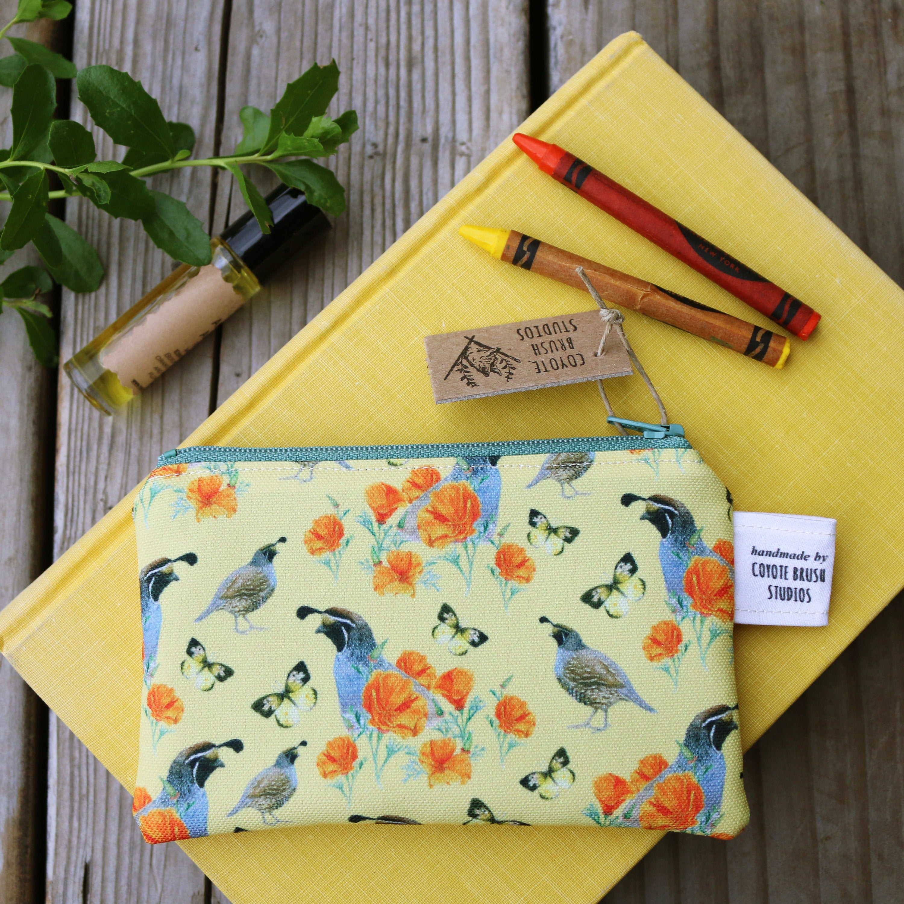 Small California Poppy & Quail Zipper Pouch - Coin Size Organizer Bag