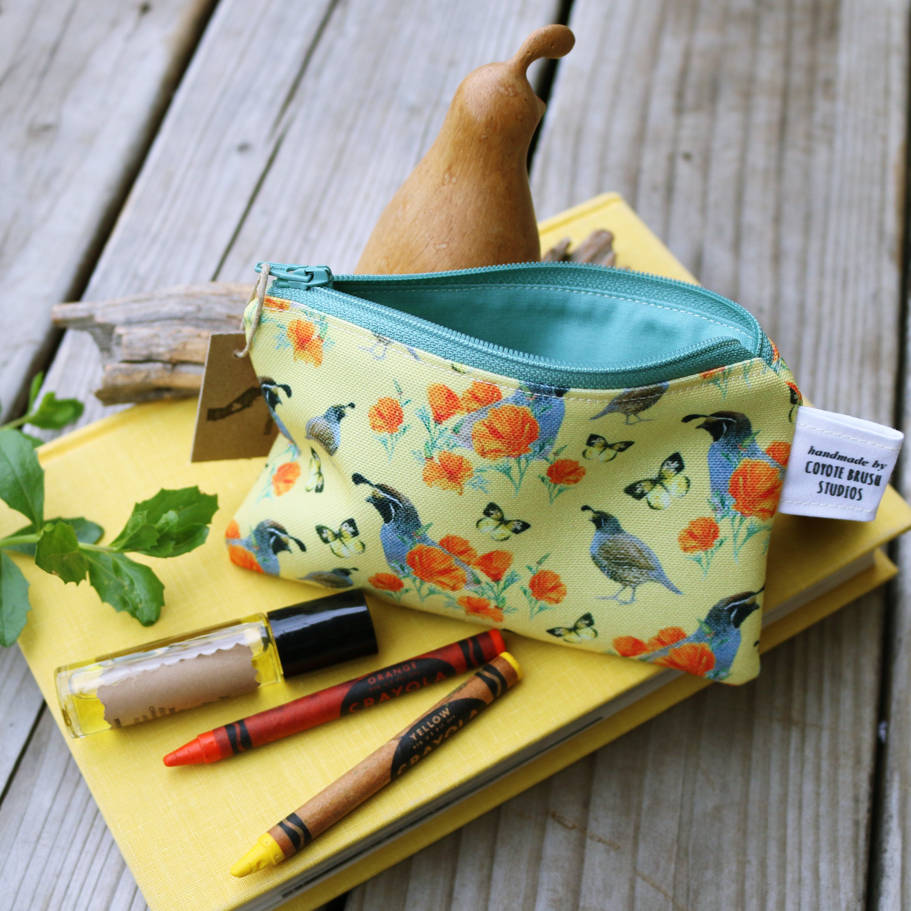 Small California Poppy & Quail Zipper Pouch - Coin Size Organizer Bag