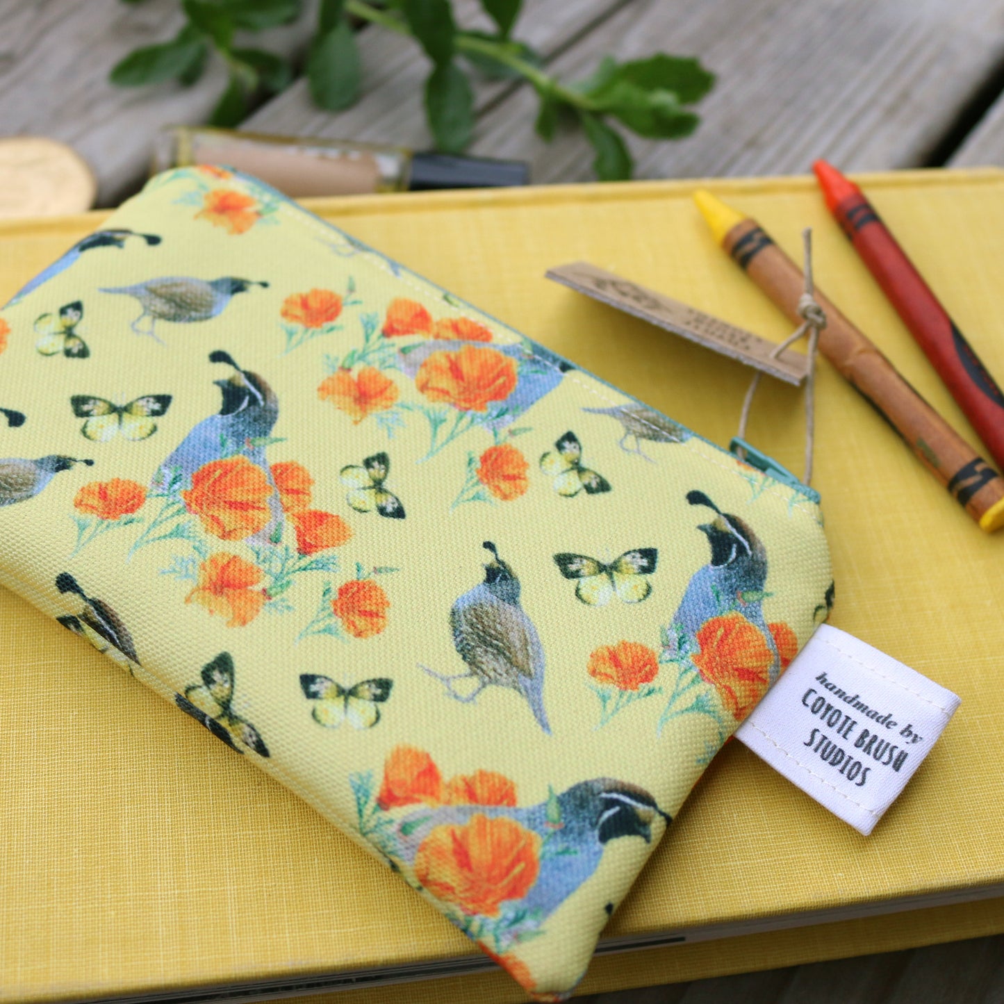 Small California Poppy & Quail Zipper Pouch - Coin Size Organizer Bag