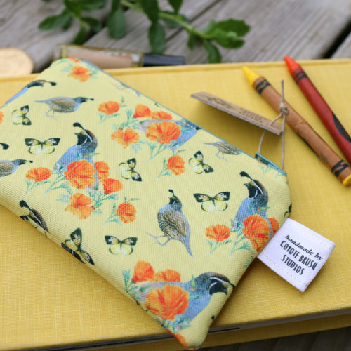 Load image 1 in gallery view. Small California Poppy & Quail Zipper Pouch - Coin Size Organizer Bag
