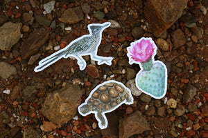 Deserts of California: Three Vinyl Stickers, Greater Roadrunner, Desert Tortoise, Beavertail Pricklypear Cactus