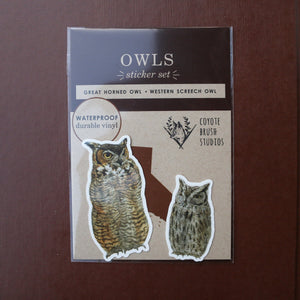 Owl Stickers: Two Vinyl Stickers, Great Horned Owl, Western Screech Owl - Birds Of Prey Stickers - Raptors - Birding gift