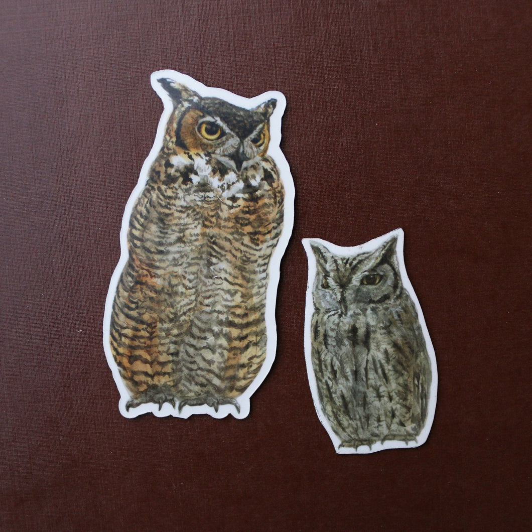 Owl Stickers: Two Vinyl Stickers, Great Horned Owl, Western Screech Owl - Birds Of Prey Stickers - Raptors - Birding gift