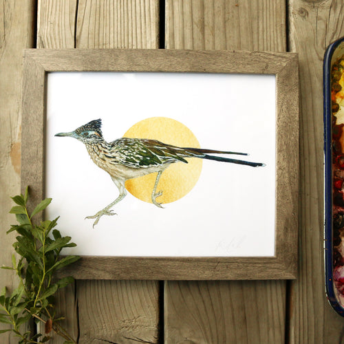 Load image 1 in gallery view. Greater Roadrunner watercolor painting art print framed native California 8x10